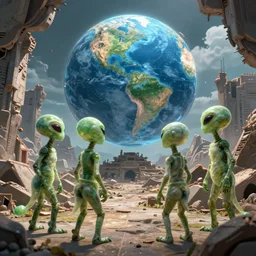 a group of 4 aliens surveying the ruins of a future earth