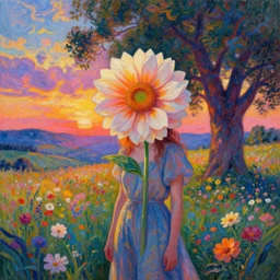 girl with a gargantuan flower as a face, surreal photography, dream, standing in flower field, hills, big trees, sunrise dramatic light, impressionist painting, colorful clouds, digital painting, pointillism, artstation, simon stalenhag, flower face