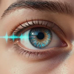 a futuristic eye with soundwaves, macro, photorealistic octane render, hyper detailed, hyper realistic
