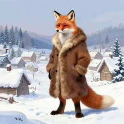 an anthropomorphic fox man wearing a long fur coat in a snowy village, character illustration by greg rutkowski, thomas kinkade, alphonse mucha, Gil Elvgren