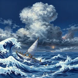 highly detailed illustration of high exposure ocean waves at night, cumulonimbus clouds in the sky, futuristic sail boat struggling, rocket launching far away in the horizon, by makoto shinkai, by aaron horkey, by moebius, by nico delort, by dan mumford, by otomo, 4 k resolution, realistic colors