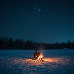 man sitting in the middle of a snowstorm, night - time, stars, night sky, wide angle, glow, cyberpunk, campfire