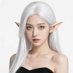 a beautiful portrait, white background, gorgeous fantasy elf. sexy black top, professionally retouched, soft lighting, realistic, smooth face, beautiful green eyes, long white hair, cute ears, wide angle, sharp focus on the eyes, 8 k high definition, insanely detailed, intricate, elegant, gorgeous, art by artgerm and wlop