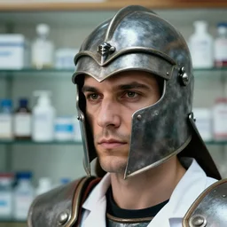closeup headshot photo of the person who is a pharmacist and a gladiator, glass shelf background by Gregory Crewdson and photography by Laura Pannack, extreme details, Nikon D850, f/3.5, ISO 100