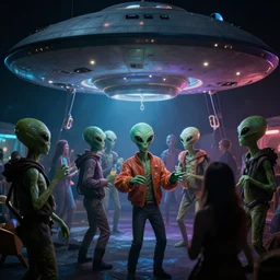 a hidden camera shot of aliens having a party in a ufo, cinematic masterpiece, beautiful lighting
