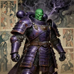 composition of gothic and futuristic, warhammer, cyber japan samurai armor, more and more scars, storm, green head, purple, the middle ages, highly detailed, artstation, in the style of moebius, jugendstil and classic japanese print, art by jean delville and rene magritte