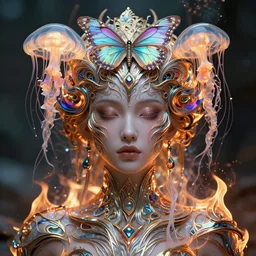 goddess portrait. burning water distortions. intricate abstract ornament. jellyfish butterfly phoenix head. intricate artwork by Tooth Wu and wlop and beeple and dan mumford. octane render, trending on artstation, greg rutkowski very coherent symmetrical artwork. cinematic, hyper realism, high detail, octane render, 8k, depth of field, bokeh. iridescent accents