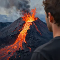 close up of a man on the brink of a volcano with flowing lava. painting by rob gonsalves