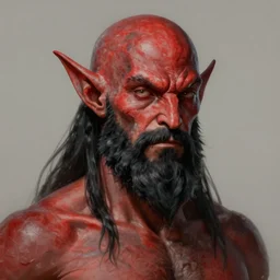 upper body portrait of a male tiefling with red skin and black beard, highly detailed, ray tracing, digital painting, artstation, concept art, smooth, illustration