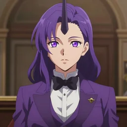 beautiful anime women with purple hair, a straight horn on her forehead, purple eyes, a purple tuxedo, sharp focus, intricate, cell shaded, award winning photography, cinematic, digital painting, cinematic, wlop, 8 k, by ross tran, tom bagshaw