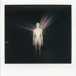 wide angle, dark old polaroid of a ethereal humanoid creature, being illuminated by few sun rays, black and white