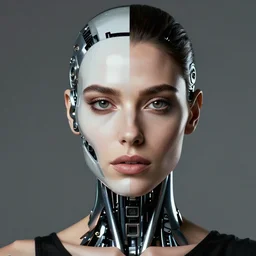 portrait of bar refaeli with a half robotic face, digital art