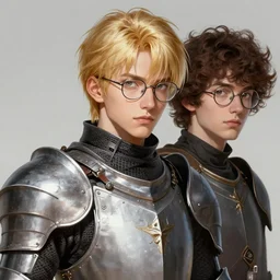 a blond knight in armor with glasses, and his squire with brown curly hair and round glasses, fantasy, digital portrait, scifi, realistic, detailed, concept art, comics, ruan jia, wlop