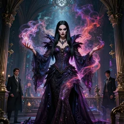 highly detailed beautiful portrait, mix of woman in her 2 0 s with straight black hair, heavy dark makeup, tall, evil powerful wizard mage, intricate colorful cosmic smoke magic, baroque gothic victorian interior cyberpunk city vista, style of artgerm, andreas rocha, hiroshi nagai