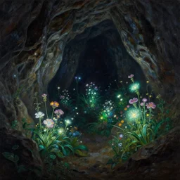 a cinematic view of a very dark rocky cave filled with a garden of glowing flowers, highly detailed, oil on canvas, moebius