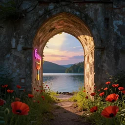 abandoned by april gornik, at dusk lake fantasy lightpaint neon signs elysian sunlight poppy, archdaily, wallpaper, highly detailed, trending on artstation.