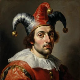 portrait of jester, oil painting by caravaggio, 1 7 th century, art, oil on canvas, wet - on - wet technique, baroque, realistic, expressive emotions, intricate textures, illusionistic detail