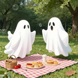 color photo of ghost attacking a picnic.