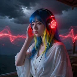 portrait, blue and yellow haired woman wearing headphones, by greg rutkowski, in a cabin, storm clouds, red glow surrounding headphones, glowing headphones, surreal light flowing in the air, ethereal, thomas kinkade, sound waves, powerful zen composition, by takehiko inoue and ross tran, elegant cloth c