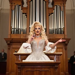 drag queen performs as a church organist, photography, ultra high definition,