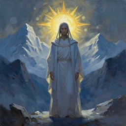 sun priest of the icy mountains. oil painting by indie comic book artist, chiaroscuro, bokeh, backlighting, field of depth