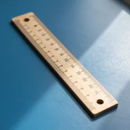 a wooden ruler graduated in centimeters and inches on a blue table