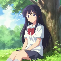 Sayori from Doki Doki Literature Club sitting under a tree, anime key visual, digital art, anime screenshot, kyoto animation, makoto shinkai, trending on artstation