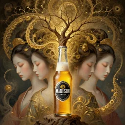 breathe into euphoria, alterd carbonm madison beer with a branches growing from her head, four heads fractal, geisha, dreamy ethereal vibe,, atmospheric, detailed intricate render, fibbonacci, detailed illustration, hd, 4 k, digital art, overdetailed art, gold, surrealistic, by greg rutkowski, by loish, trending on artstation, deviantart