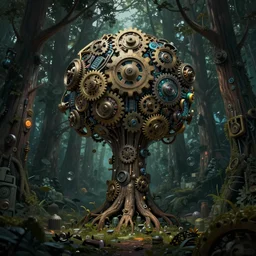yggdrasil growing in a dark forest where the trees are made of gears and electronic parts, cyberpunk landscape wallpaper, d&d art, fantasy, painted, 4k, high detail, sharp focus