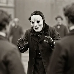 hermit wearing a scary mask to scare off people, 1900s picture