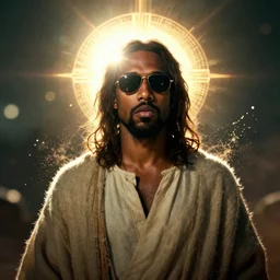 photo portrait of kanye west as jesus in skyrim, sun behind head, sunglasses, saint, holy, splash art, movie still, cinematic lighting, dramatic, octane render, long lens, shallow depth of field, bokeh, anamorphic lens flare, 8 k, hyper detailed, 3 5 mm film grain