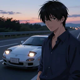 aesthetic illustration of very serious ryosuke takahashi with black hair wearing a dark blue shirt standing near mazda rx 7 on an empty highway at dusk, cinematic lighting, initial d anime 1 0 8 0 p, detailed anime face, high detail, 9 0 s anime aesthetic, volumetric lights, unreal engine 5 render, pinterest wallpaper, trending on artstation