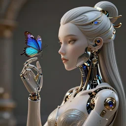 Mechanical female android looking at butterfly, cinematic lighting, intricate, elegant, super highly detailed, art station, smooth, sharp focus, no dof, extreme illustration, Unreal Engine 5, Photorealism, HD quality, 8k resolution, cinema 4d, 3D, beautiful, delicate, art by artgerm and greg rutkowski and alphonse mucha and loish and WLOP