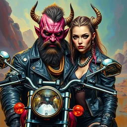an apocalyptic scifi orcish biker character posing with his girlfriend and motorcycle, psychedelic vibrant colors, highly detailed oil painting by michael whelan art, futuristic punk rock fashion, perfect face, sharp focus, detailed eyes, realistic, leather jacket, 8 k