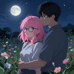 beautiful girl, with pink hair and glasses, with boyfriend, under the stars, in an open field full of flowers, moonlight, night time, sharp focus, intricate, digital painting, artstation, official media, anime key visual, highly detailed, rich vivid colors ambient lighting, illustration, art by Artgerm, Makoto Shinkai, Ilya Kuvshinov, Lois Van Baarle and Rossdraws