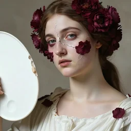 hyperrealism close - up mythological portrait of an exquisite medieval woman's shattered face partially made of maroon flowers in style of classicism, wearing white dress, white palette