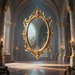 castle interior with a magical mirror floating around, digital art