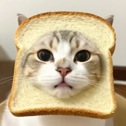 a cute cat sticking its face through a slice of bread