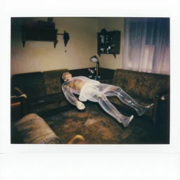 coloured atmospheric polaroid photo of a with transparent corpse dead body floating in old living room interior - n 9