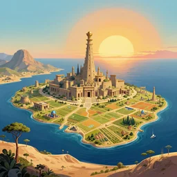 the glory of old atlantis, which is an island in the middle of the Atlantic the size of Libya, with hills, mountains, a sun setting, fields being worked, oceans in the background, many tall trees, and a bit of desert in the scene. The civilization of atlantis has developed ancient advanced technologies such as mining, farming and medicine, in a surreal, abstract style