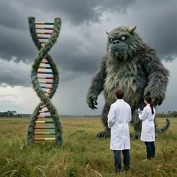 in a field, two scientists in lab coats encounter a monster shaped like the DNA double helix, stormy weather, by Rob Gonsalves, HDR
