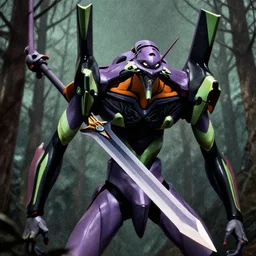 grainy risograph, huge floating sword against evangelion - like huge robot machine with three heads, close - up, omnious, matte colors, in the dense forest, highly detailed, artstation, intricate - detailed, by moebius, jack gaughan, lehr paul, sci - fi 1 9 8 0 and manga 2 0 0 0