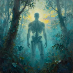 foggy jungle , muscular skeleton silhouette backlight , cyan atmosphere , very detailed oil painting by frazetta visible brushmarks, dramatic clouds sunset panorama
