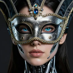 A close-up portrait of a beautiful female cyborg wearing an intricate venetian mask, exposed inner structure, glowing eyes, wlop, trending on artstation