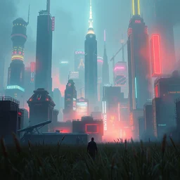 field, city, cyberpunk, fantasy, neon lights, sharp focus, intricate, elegant, digital painting, artstation, matte, highly detailed, concept art, illustration, ambient lighting, art by ruan jia and artgerm and range murata and wlop and ross tran and william, adolphe bouguereau and beeple