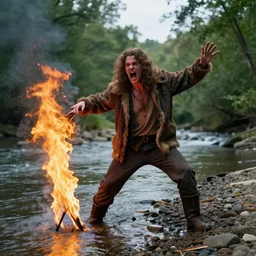 crazy cyclope starting a fire by the river