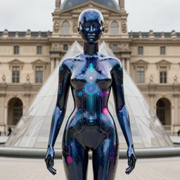 hyperdetailed masterpiece portrait of a glossy dark blue metallic statue of a woman covered in colorful glowing digital circuits and hexagons, symmetrical, in the style of virgil abloh, offwhite, heron prestorn, denoise, vogue, paris, fashion, louvre museum, highly detailed, realistic, hyperreal, 8 k, 4 k, render