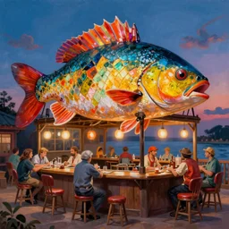 a beautiful painting of a fish at a tavern, gigantic, octane render, brilliantly coloured, intricate, ultra wide angle, trending on artstation, dusk, volumetric lighting, polished, micro details, ray tracing, 8k