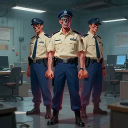 zombie security officers in beige uniforms and blue pants with a faint glow red aura in a brutalist office setting trending on artstation digital painting 4 k sharp