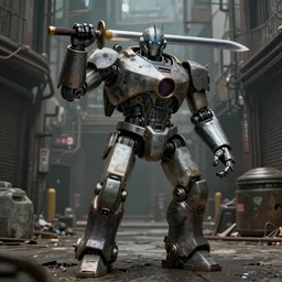 a retro large robot carrying a samurai sword. Grungy cyberpunk alleyways in the background Badass pose , Photo realistic , Gregory Crewdson , Award winning. Masterpiece, exquisite detail, post processing